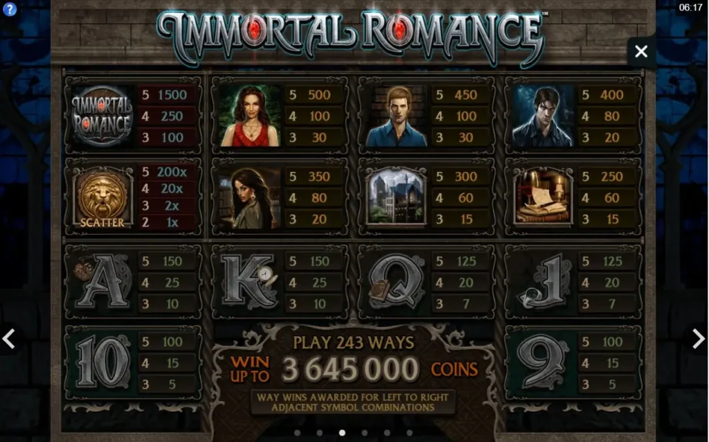 Immortal Romance slot game online - paytable