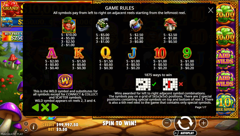 7 Clovers of Fortune paytable